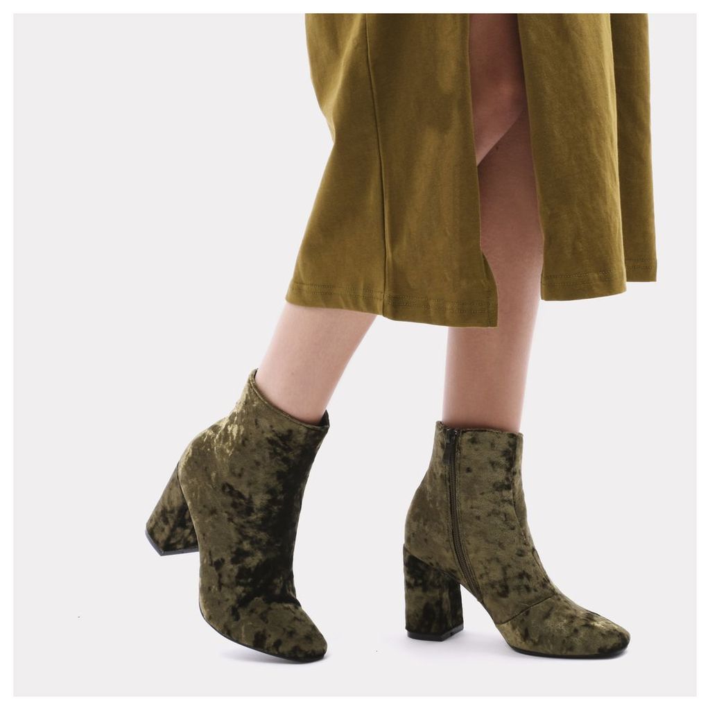 Cleo Crushed Velvet Ankle Boots in Khaki