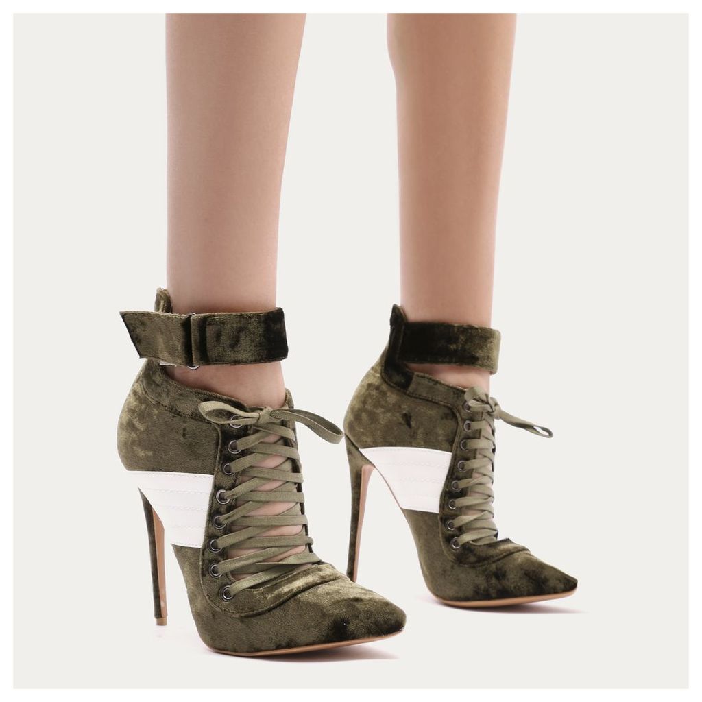 Fifi Lace Up Sport Stripe Strap Boots in Khaki Crushed Velvet
