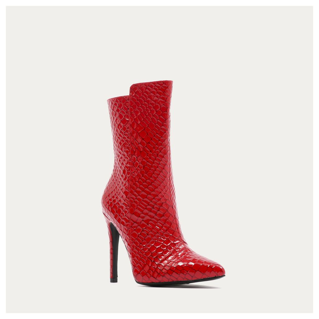 Chile Asymmetric Pointed Toe Ankle Boots  Faux Snake, Red