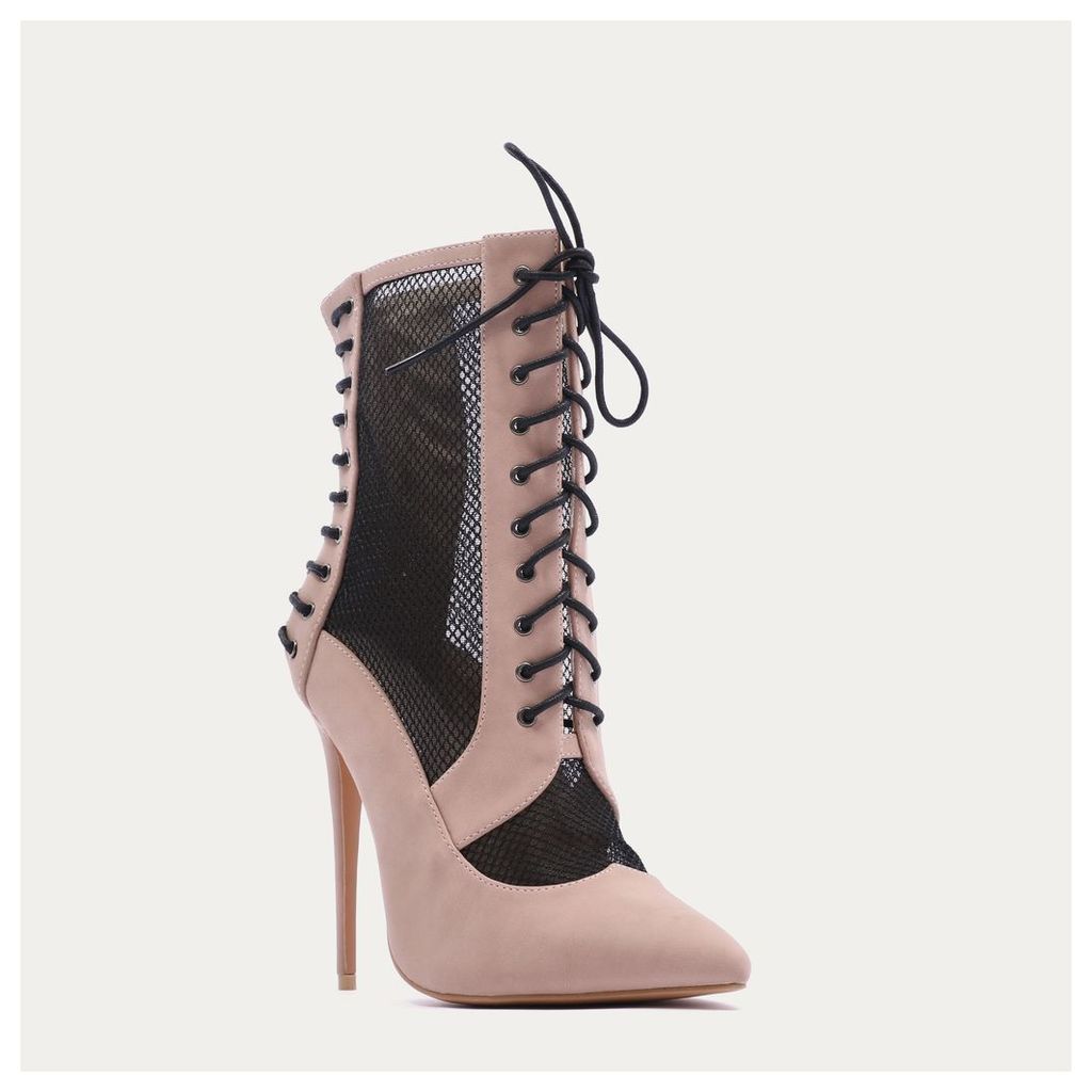 Eshal Lace Up Mesh Detail Pointed Toe Ankle Boots in Blush, Pink