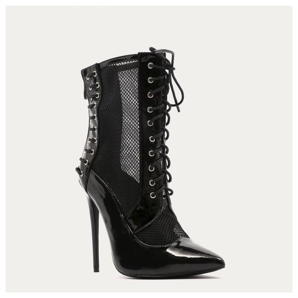 Eshal Lace Up Mesh Detail Pointed Toe Ankle Boots  Patent, Black