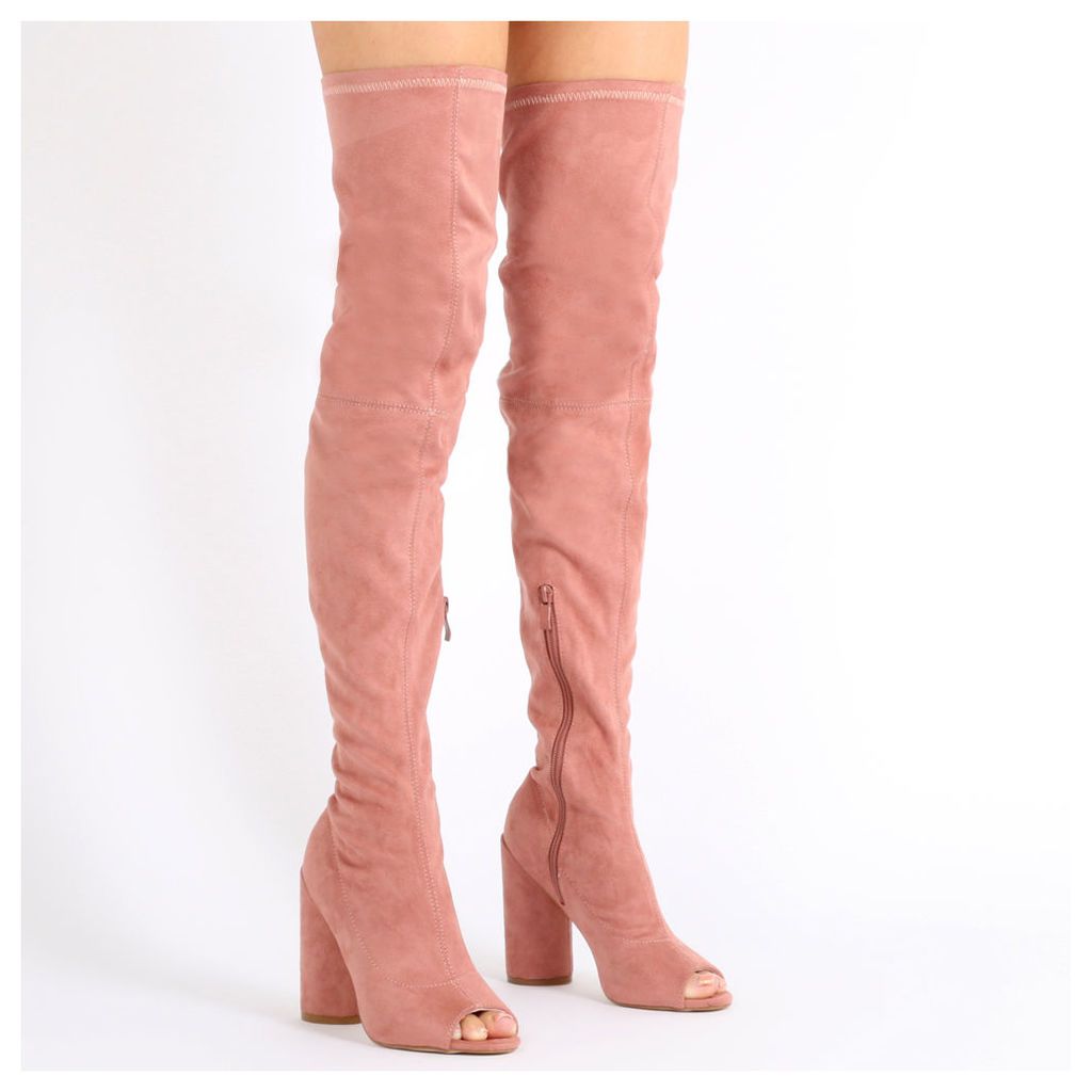 Jana Over the Knee Peeptoe Boots in Rose Faux Suede, Red