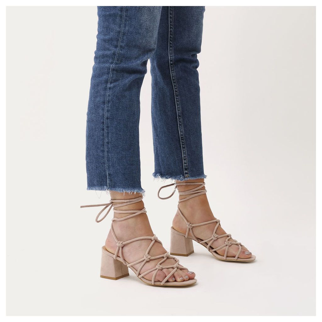 Freya Knotted Strappy Block Heeled Sandals in Blush  Faux Suede, Nude