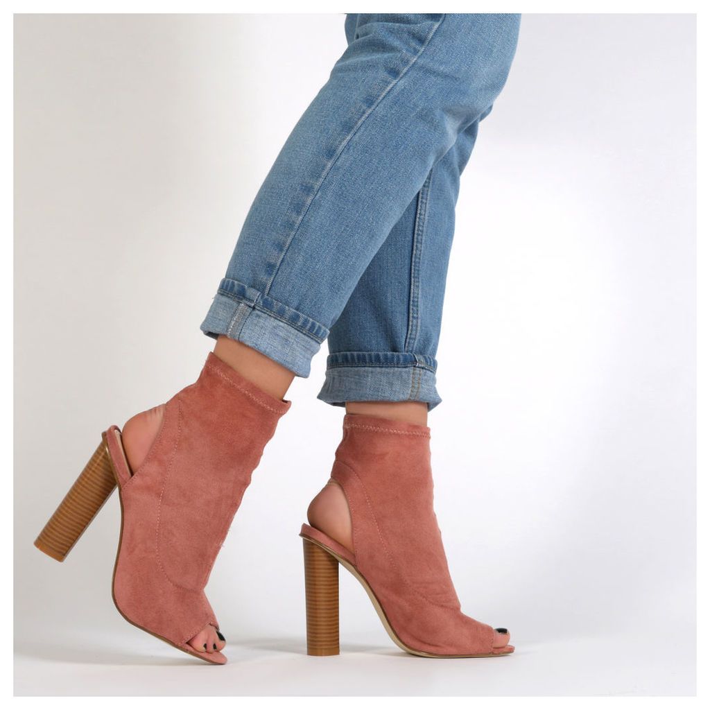 Aliah Cut Out Stacked Heel Stretch Ankle Boots in Rose  Faux Suede, Pink