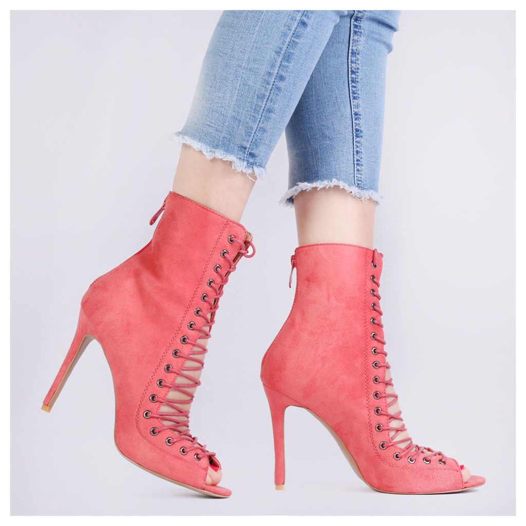 Elsy Lace Up High Heels in Coral Faux Suede, Pink