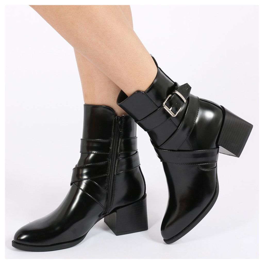 Willa Buckle Detail Cubed Heel Ankle Boots  High Shine, Black