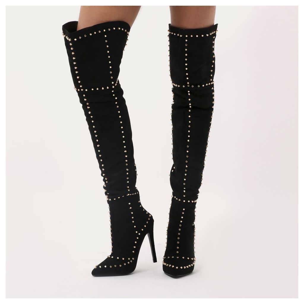 Roulette Studded Over The Knee Boots  Faux Suede, Black