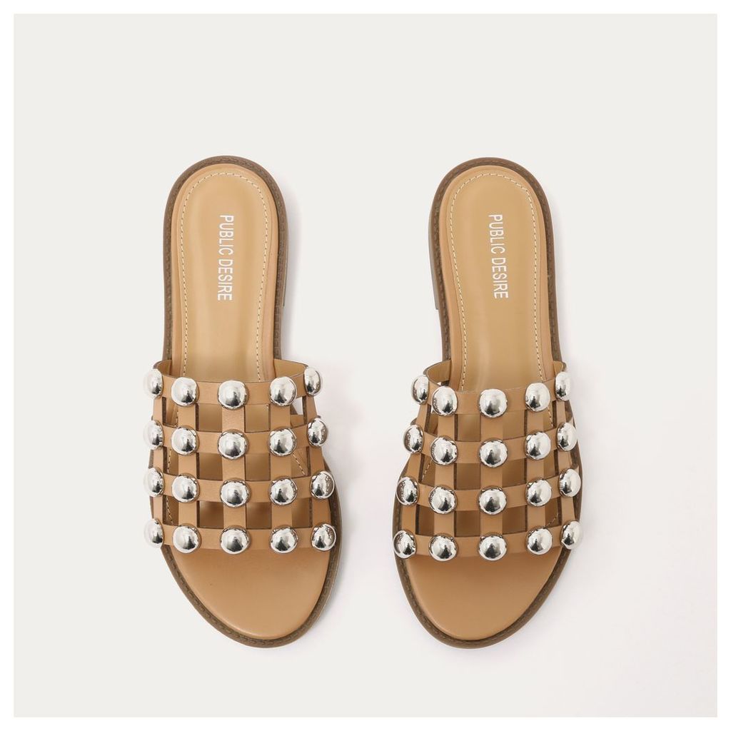 Pearl Caged Flat Slider Sandals in Tan, Brown
