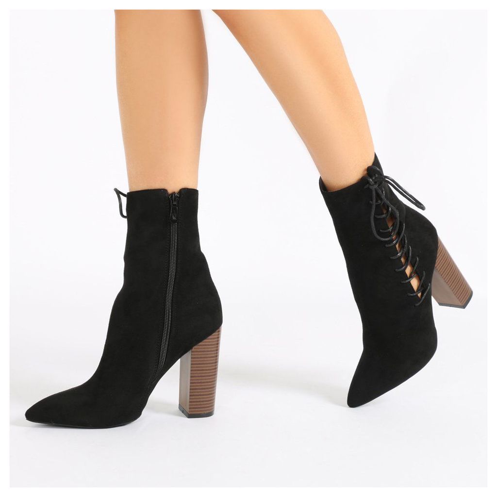 Emilia Lace Up Side Pointed Toe Ankle Boots  Faux Suede, Black