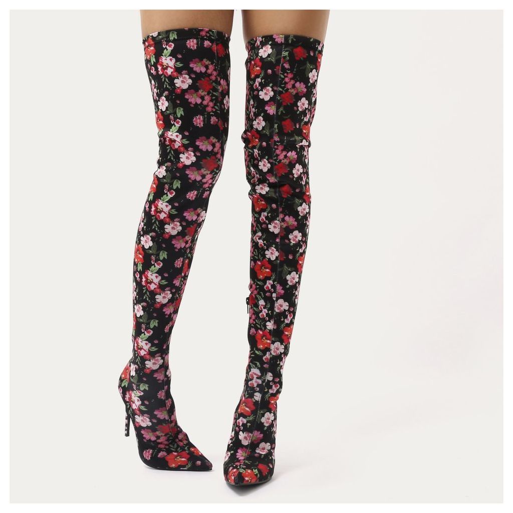 Dazzle Sock Fit Pointed Toe Over The Knee Boots in Floral Stretch, Multi