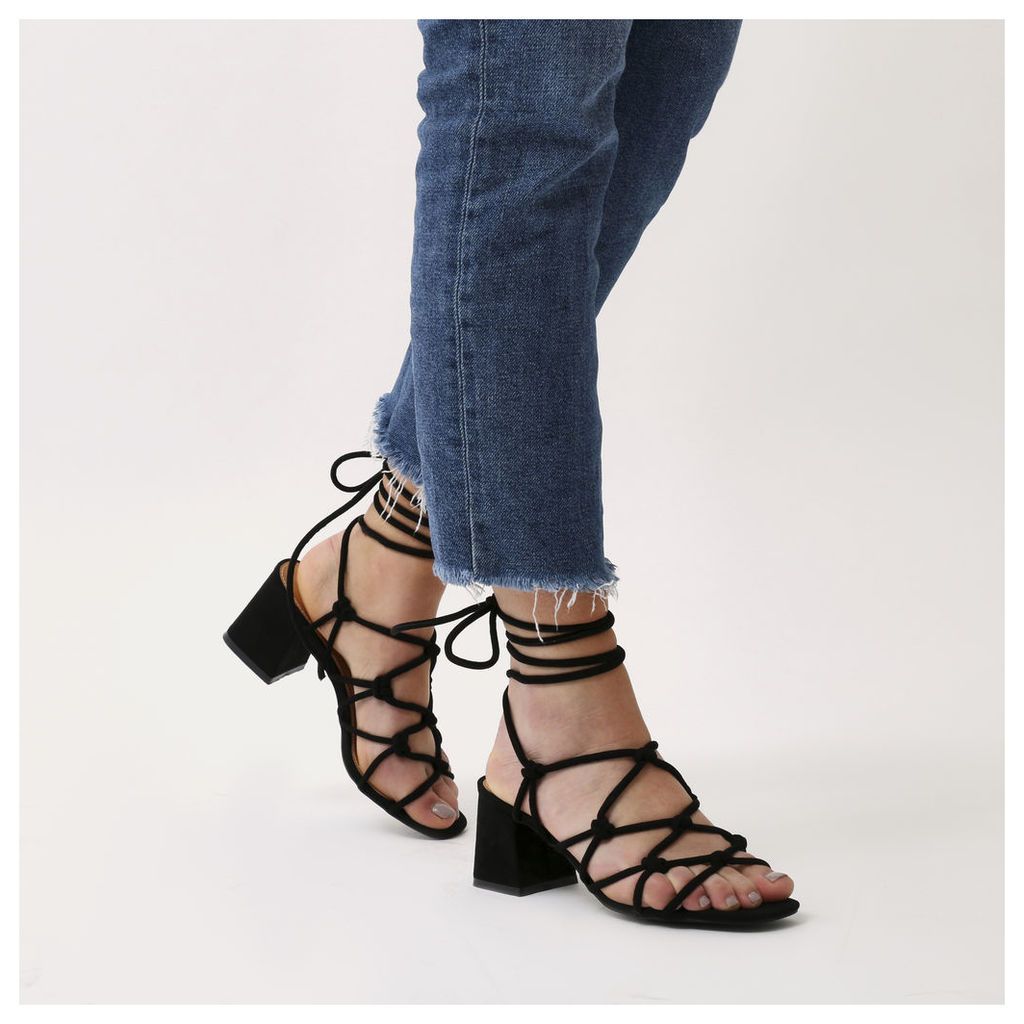 Freya Knotted Strappy Block Heeled Sandals  Faux Suede, Black