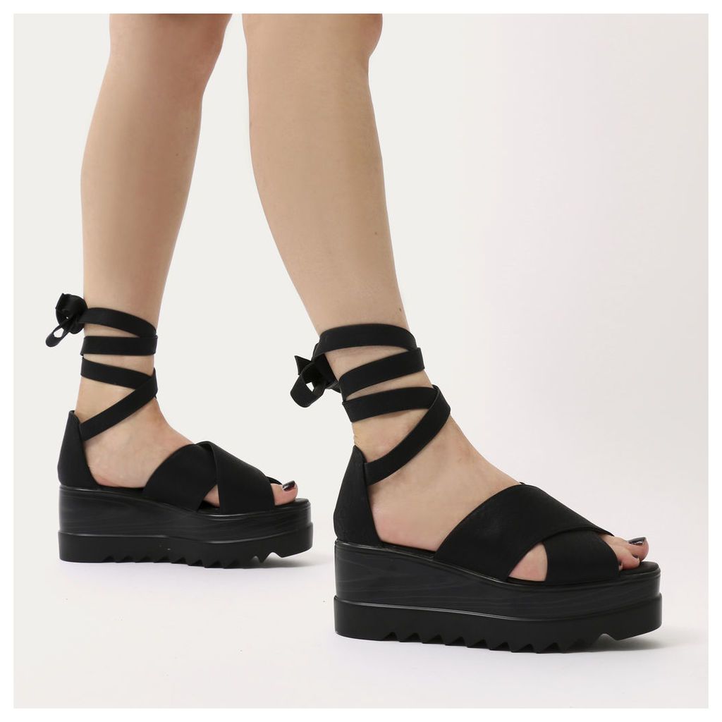 Arella Lace Up Stacked Flatform Sandals, Black