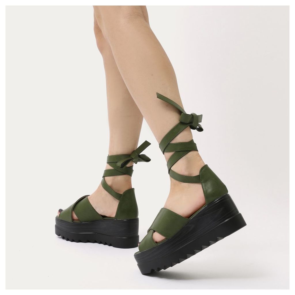 Arella Lace Up Stacked Flatform Sandals in Dark Khaki, Green