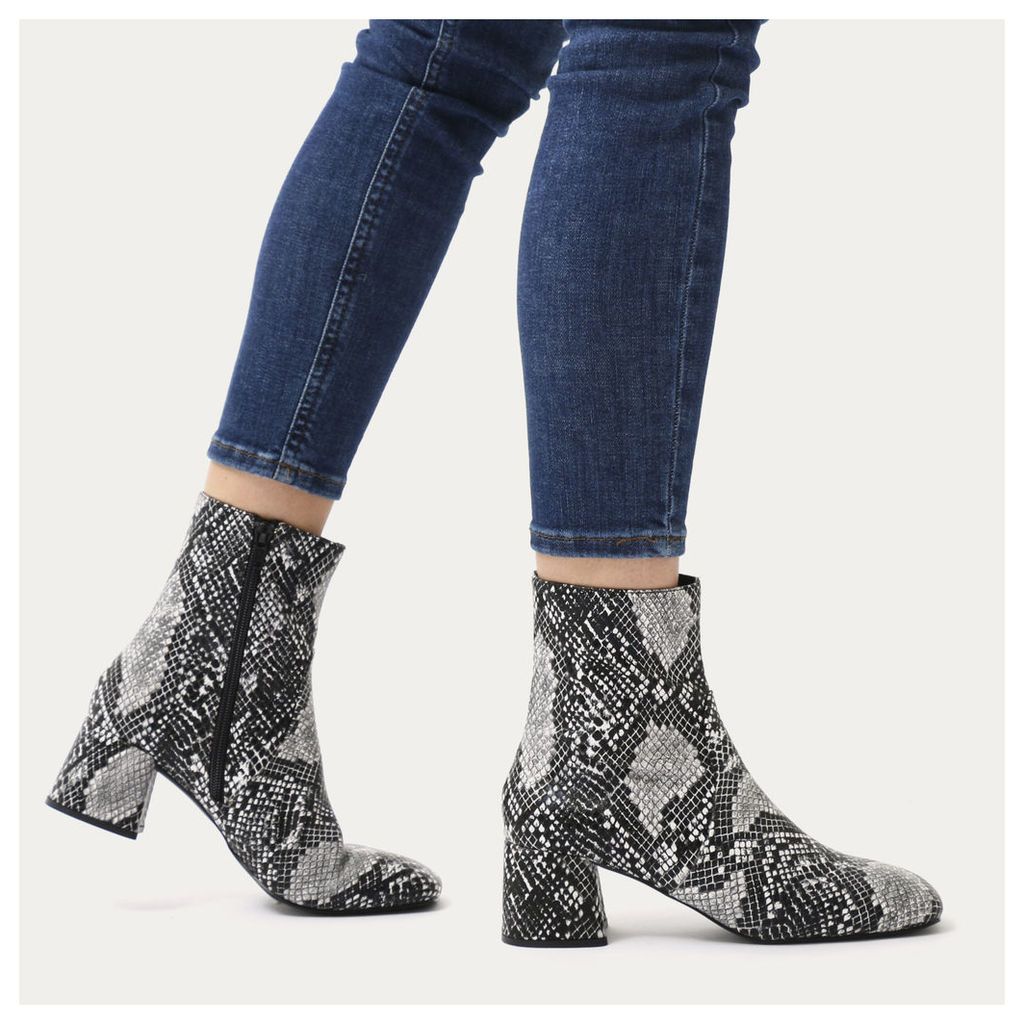 Blu Squared Toe Block Heel Ankle Boots in Faux Snake, White