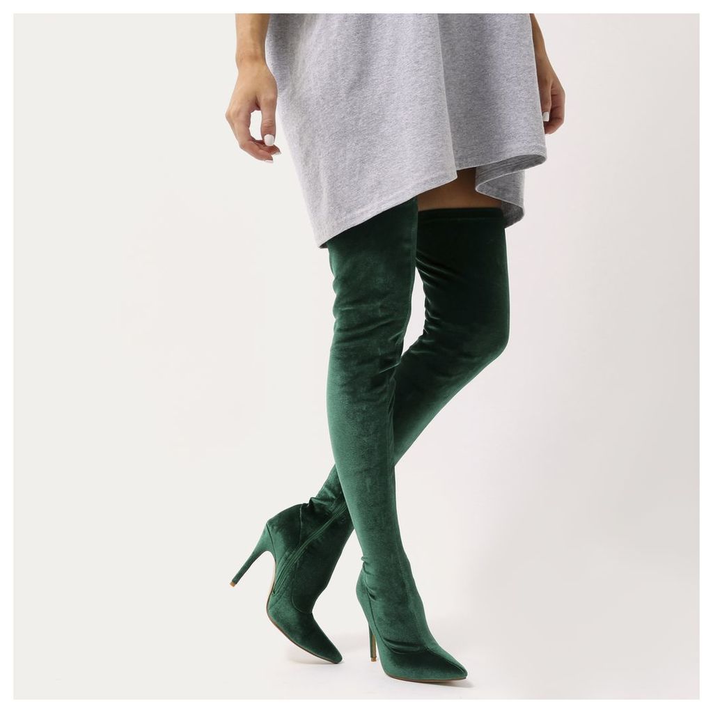 Dazzle Sock Fit Pointed Toe Over The Knee Boots  Velvet, Green