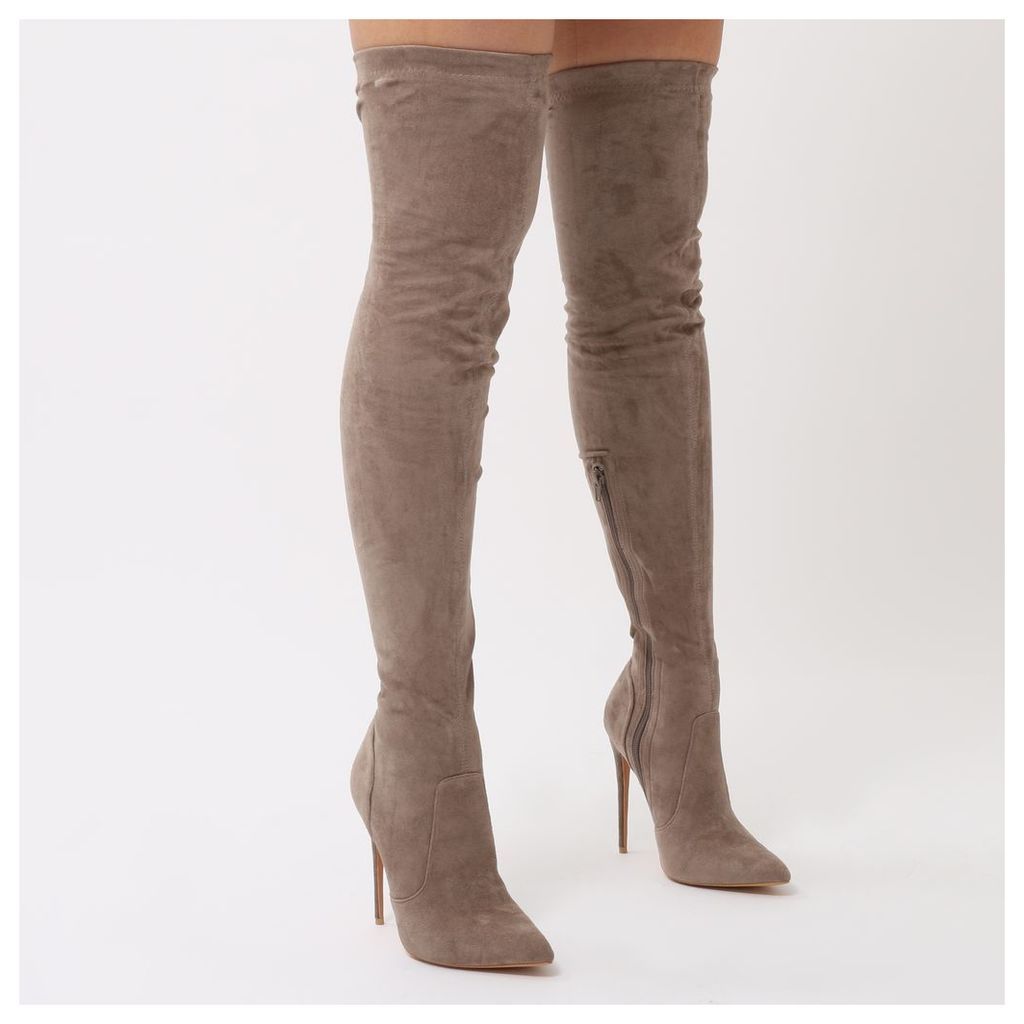 Sonar Pointed Toe Over The Knee Boots in Taupe Faux Suede, Grey