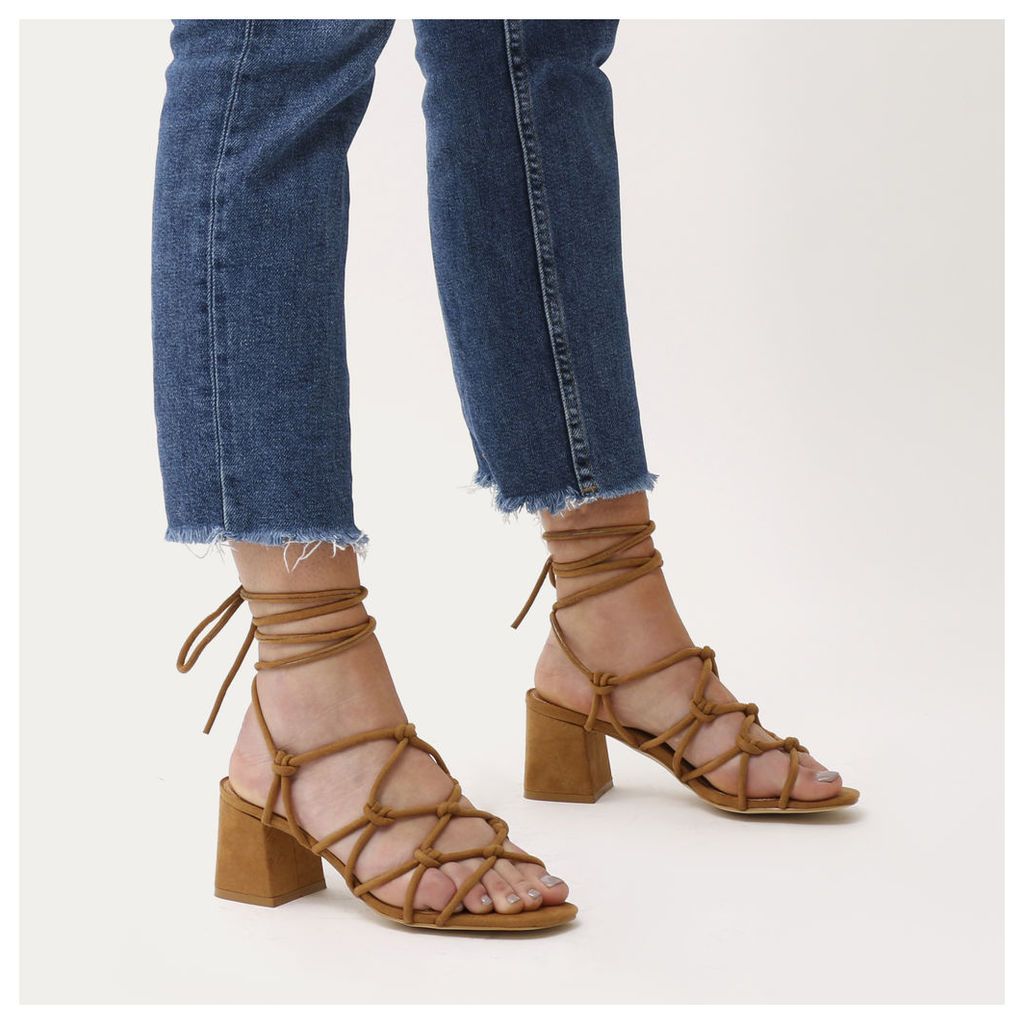 Freya Knotted Strappy Block Heeled Sandals  Faux Suede, Tan
