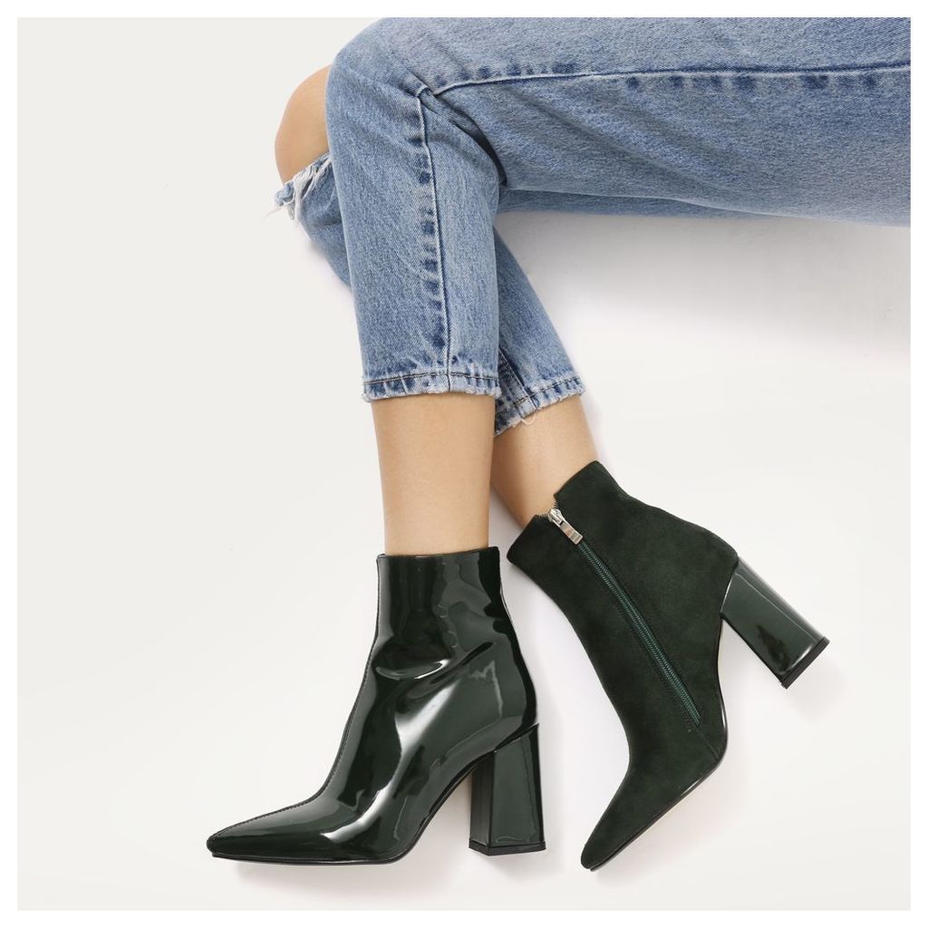 Chaos Contrast Pointed Toe Ankle Boots  Patent and Faux Suede, Green