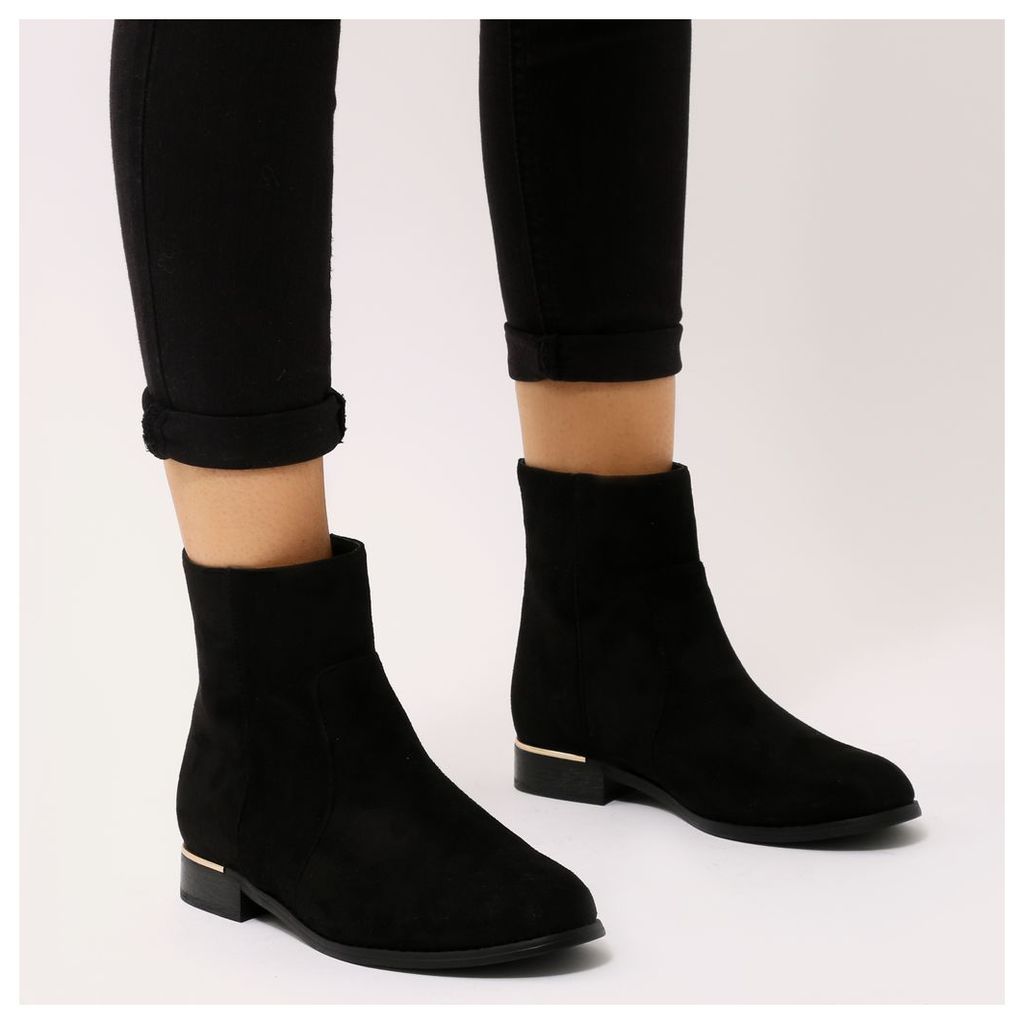 Louise Gold Trim Flat Ankle Boots  Faux Suede, Black