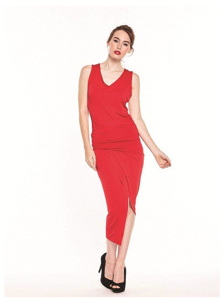 RED ASYMMETRIC RUCHED DRESS - M (10-12UK)