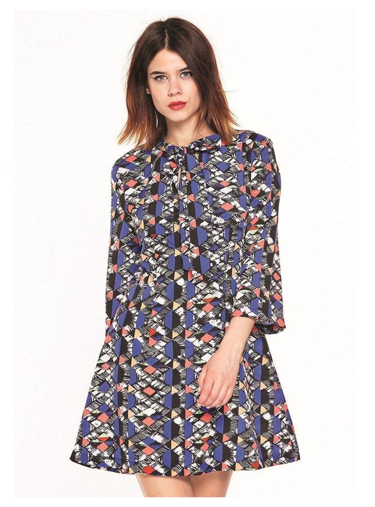 BLUE AND CORAL PRINTED MINI PUSSY BOW DRESS - 14UK