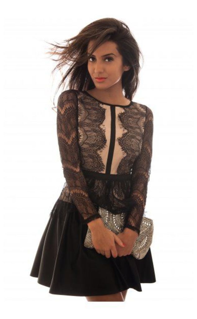 LUXE Mesh Lace & Leather Skater Dress