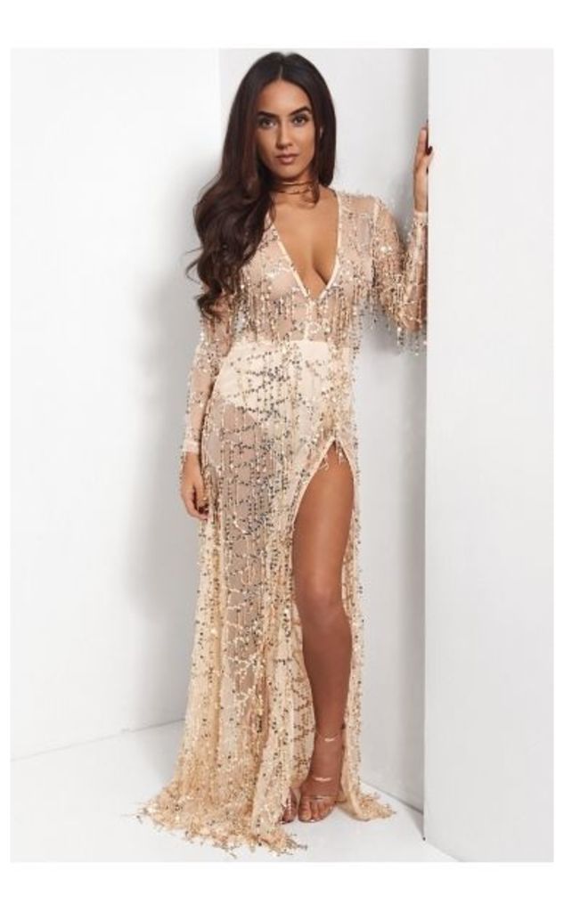 Sia Gold Sequin Side Split Maxi Dress