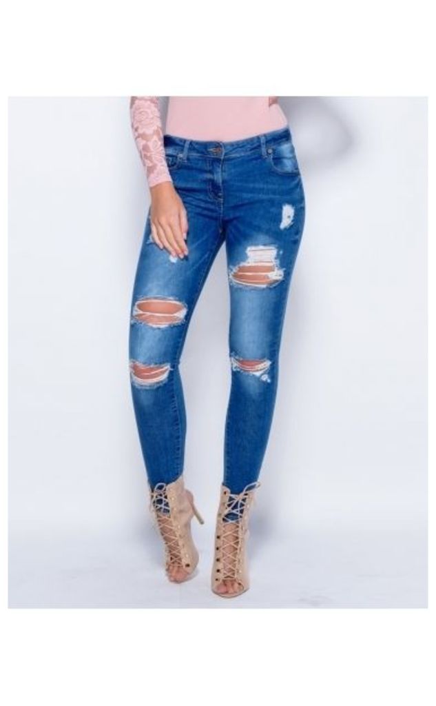 Lois Mid Wash Distressed Ripped Skinny Jeans