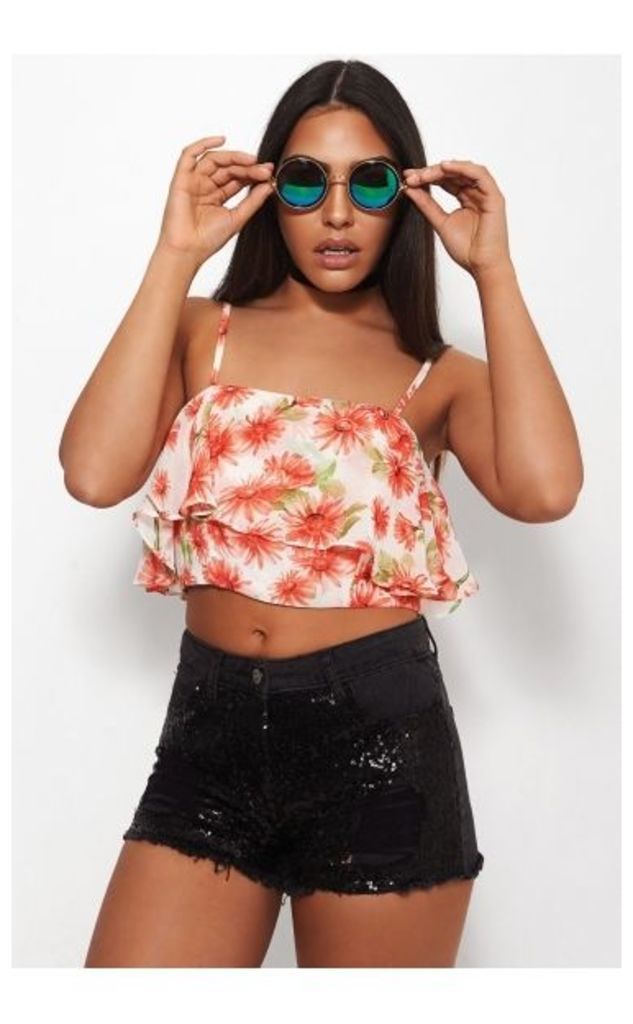 Daisy Floral Print Frill Crop Top