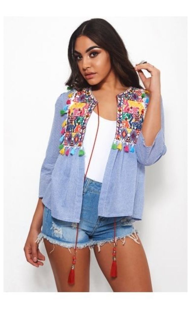 Darcy Blue Embroidered Fringed Jacket