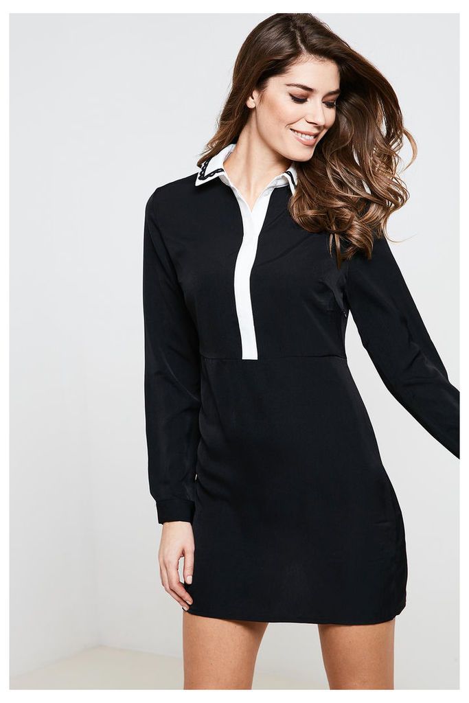 Fashion Union Long Sleeve Contrast Collar Dress - Black