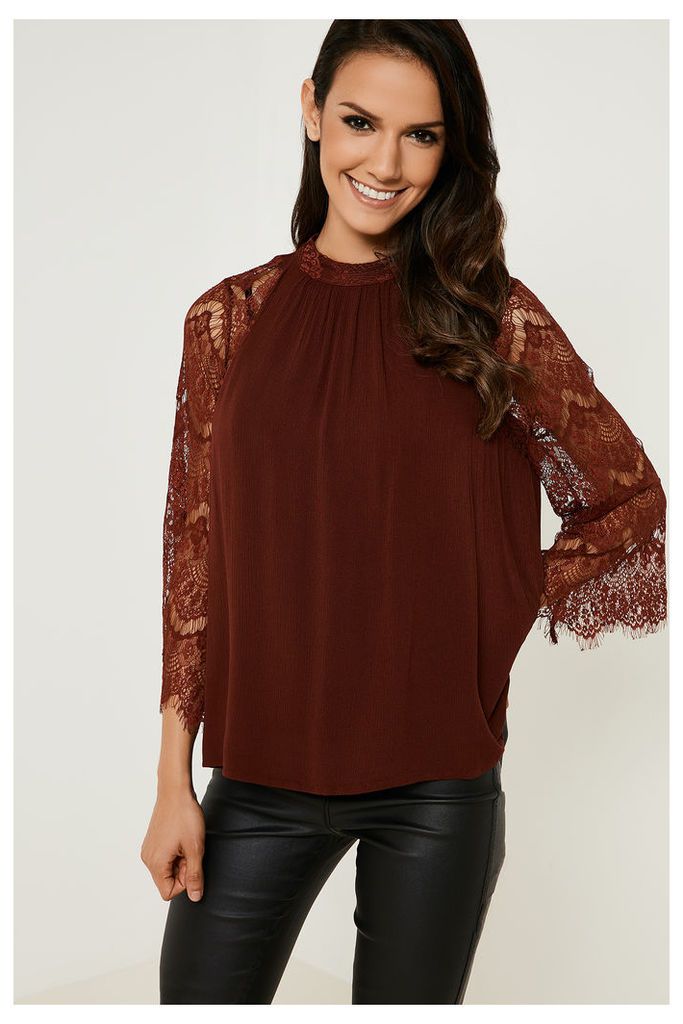 Vila Pione Lace Sleeve Top - Red