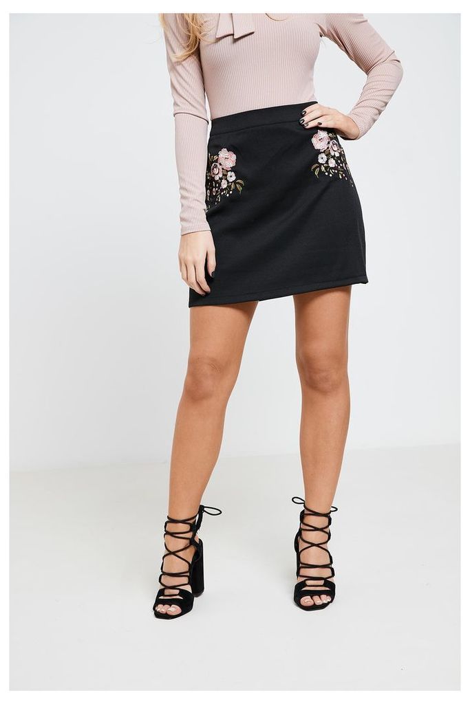 Fashion Union Floral Embroidered Mini Skirt - Black