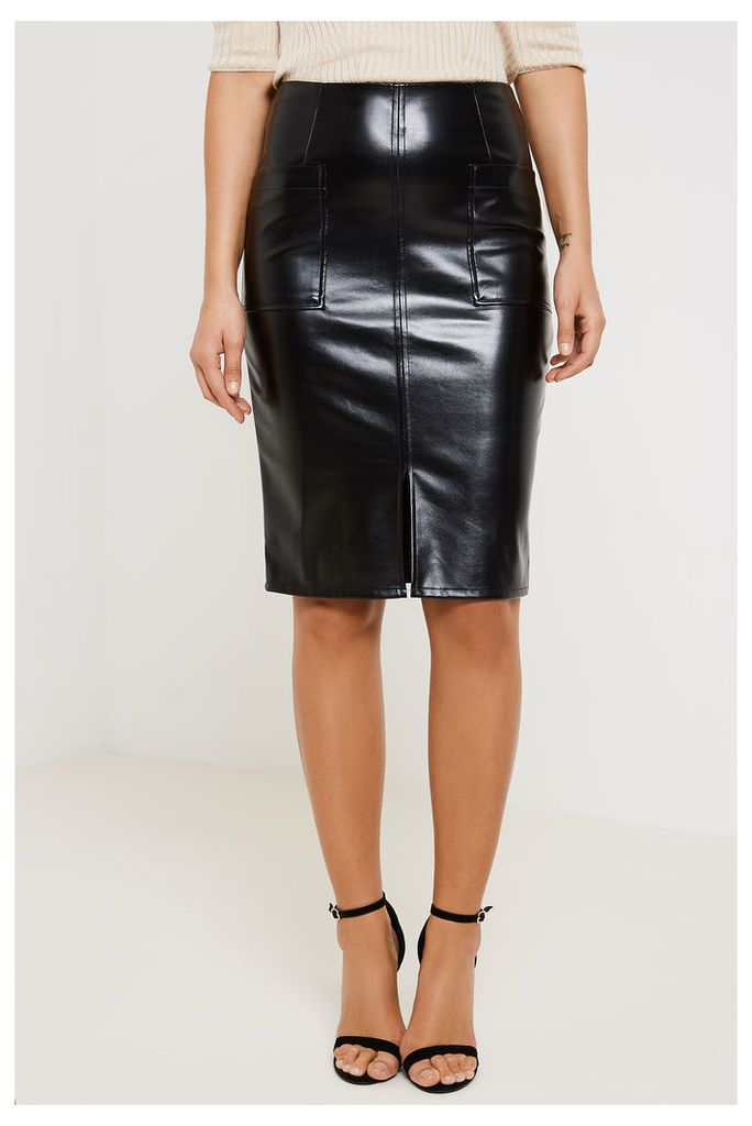 Fashion Union Front Split Faux Leather Skirt - Black