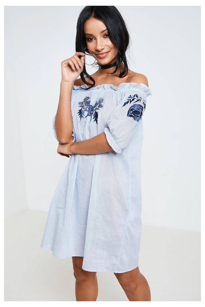 Brand Attic Floral Embroidered Cotton Bardot Beach Dress - Blue
