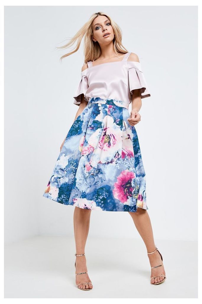 Closet Floral Print Jersey Pleated Midi Skirt - Blue