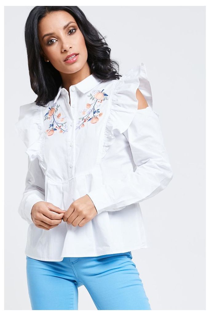 Fashion Union Embroidered Ruffle Shirt - White