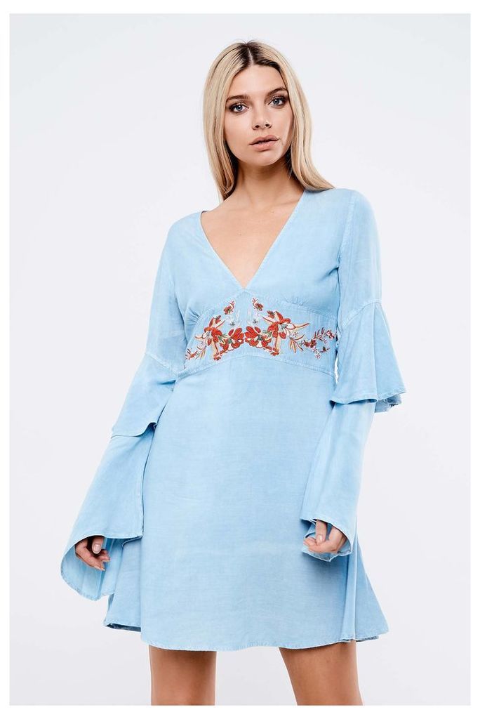 Neon Rose  Embroidered Babydoll Dress - Blue