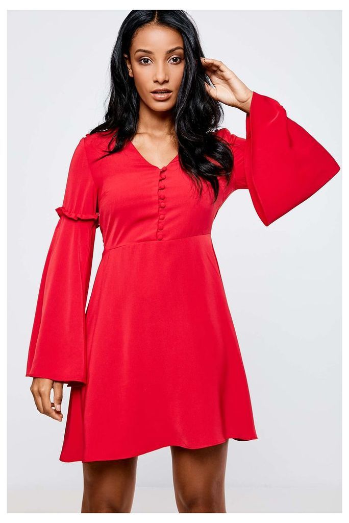 Neon Rose Fluted Sleeve Tea Dress - Red
