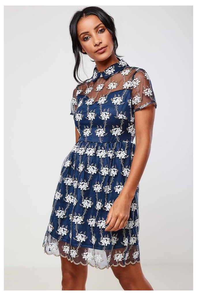 Brand Attic Collared Embroidery Mesh Dress - Navy