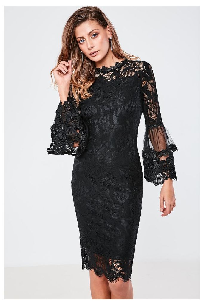 AX Paris Lace Fluted Sleeve Midi Dress  - Black