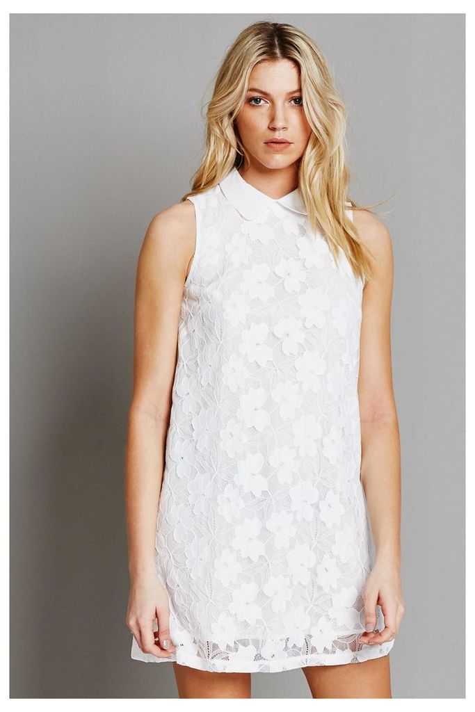 Fashion Union Lace Shift Dress with Collar - White