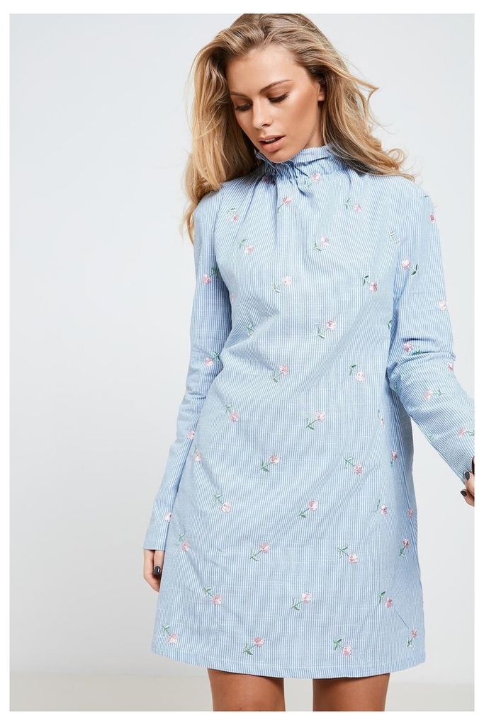 Fashion Union High Neck Embroidered Dress - Blue