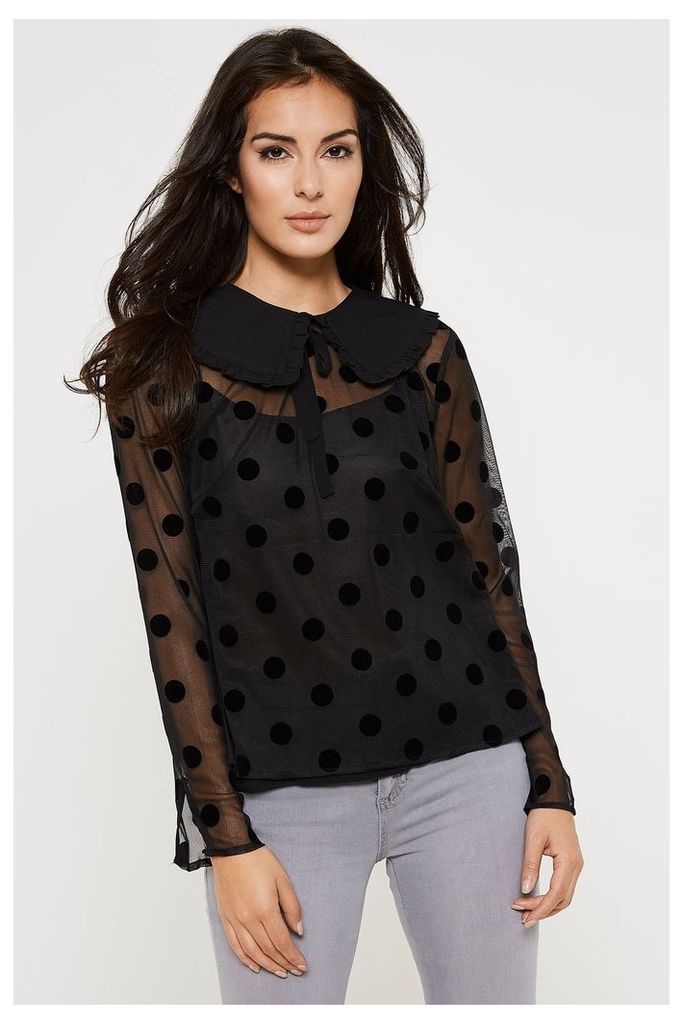 Fashion Union Sheer Polka Dot Shirt - Black