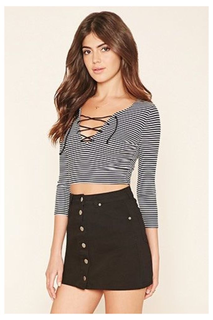 Lace-Up Striped Crop Top