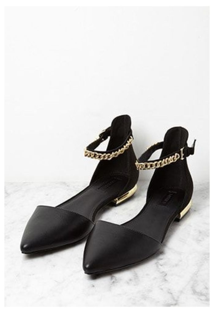 Faux Leather Chain Ankle-Strap Flats