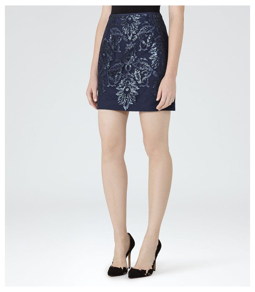 Reiss Georgianna - Sequin-embellished Mini Skirt in Midnight, Womens, Size 14