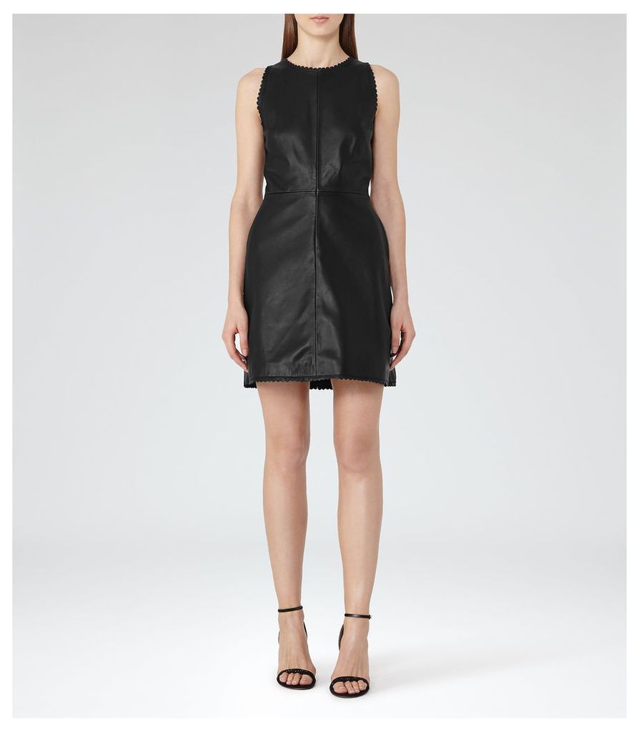 Reiss Sahara - Leather Fit And Flare Dress in Black, Womens, Size 14
