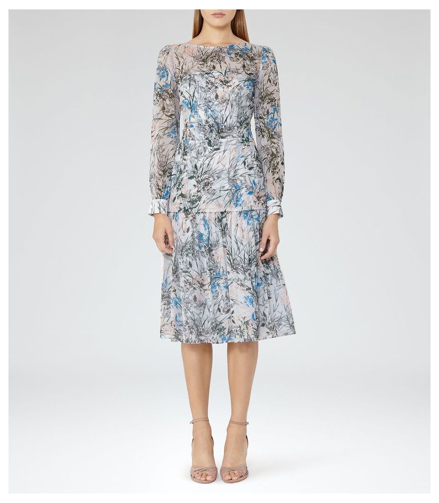 Reiss Nyla - Printed Midi Dress in Multi Blue, Womens, Size 14