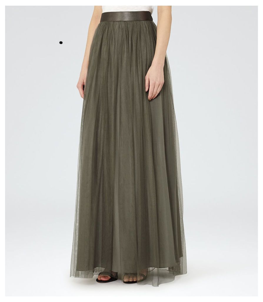 Reiss Ramone - Tulle Maxi Skirt in Grey Green, Womens, Size 14